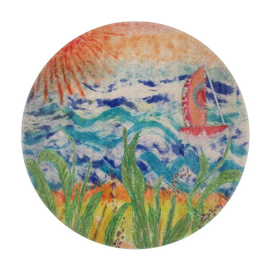 Red Sailboat Red Sun Schneidebrett (Vorderseite)