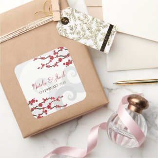 Red Sakura Blume Kirschblüten Wirbel Hochzeit Quadratischer Aufkleber
