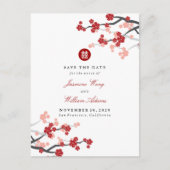 Red Sakura Double Happy Chinese Save the Date Ankündigungspostkarte (Vorderseite)