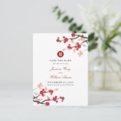 Red Sakura Double Happy Chinese Save the Date Ankündigungspostkarte (Stehend Vorderseite)