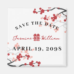 Red Sakura Double Happy Chinese Save the Date Magnet