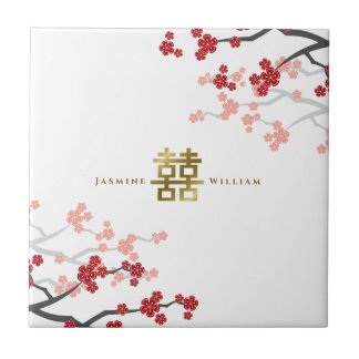 Red Sakura Gold Doppeltes Glück Chinesische Hochze Fliese