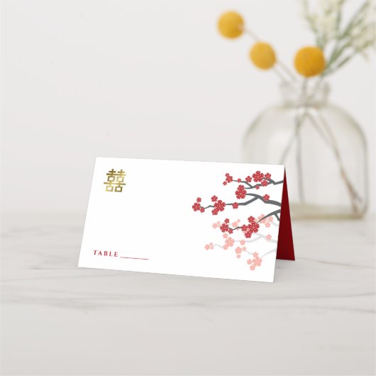 Red Sakura Golden Double Happiness Chinese Wedding Platzkarte (Vorderseite)