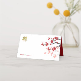 Red Sakura Golden Double Happiness Chinese Wedding Platzkarte