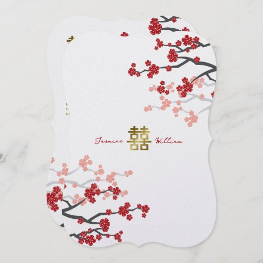 Red Sakura Golden Double Happiness Chinesische Hoc Einladung (Vorne/Hinten)
