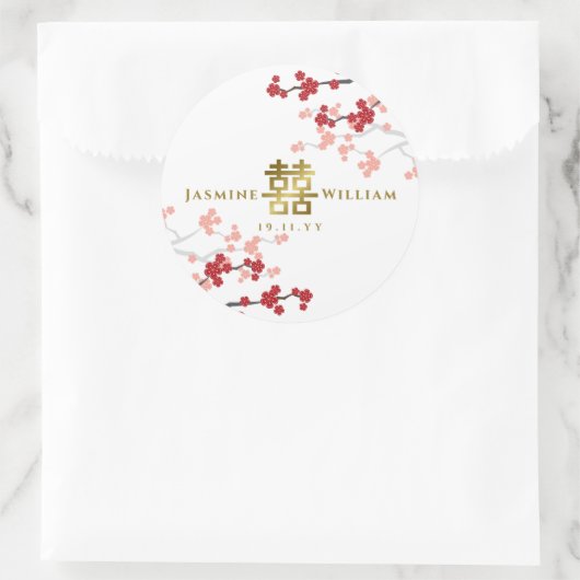 Red Sakura Golden Double Happiness Chinesische Hoc Runder Aufkleber (Tasche)