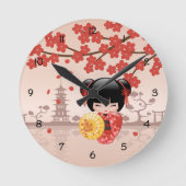 Red Sakura Kokeshi Doll - Japanisch Geisha Große Wanduhr (Vorderseite)