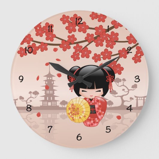 Red Sakura Kokeshi Doll - Japanisch Geisha Große Wanduhr (Vorderseite)