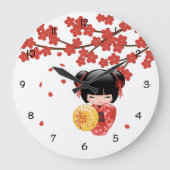 Red Sakura Kokeshi Doll - Japanisch Geisha Große Wanduhr (Vorderseite)
