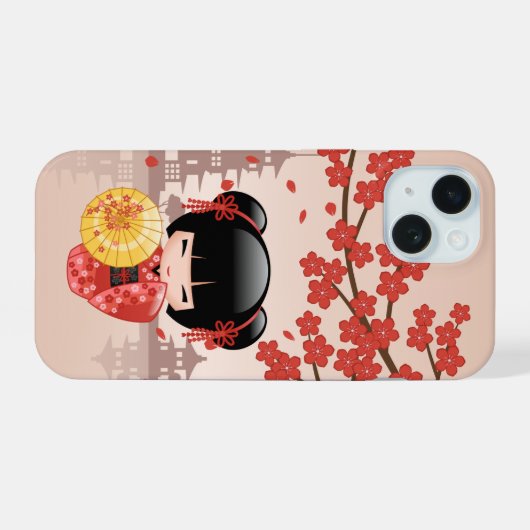 Red Sakura Kokeshi Doll - Japanisch Geisha iPhone 15 Hülle (Rückseite (Horizontal))