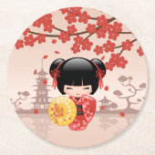 Red Sakura Kokeshi Doll - Japanisch Geisha Runder Pappuntersetzer (Vorderseite)