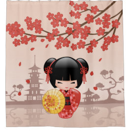 Red Sakura Kokeshi Doll Niedlich Geisha Girl Beige Duschvorhang