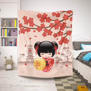 Red Sakura Kokeshi Doll Niedlich Geisha Girl Beige Sherpadecke