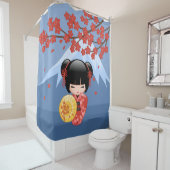 Red Sakura Kokeshi Doll Niedlich Geisha Girl Blue Duschvorhang (Beispiel)