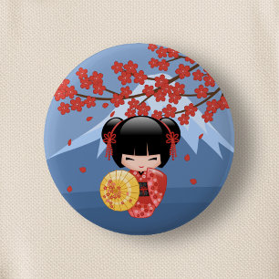 Red Sakura Kokeshi Doll - Niedlich Geisha Girl Button
