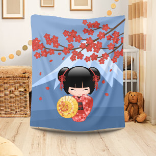 Red Sakura Kokeshi Doll - Niedlich Geisha Girl Fleecedecke