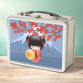 Red Sakura Kokeshi Doll - Niedlich Geisha Girl Metall Brotdose