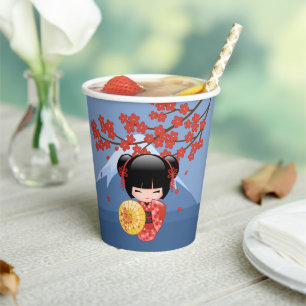 Red Sakura Kokeshi Doll - Niedlich Geisha Girl Pappbecher