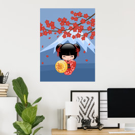 Red Sakura Kokeshi Doll - Niedlich Geisha Girl Poster