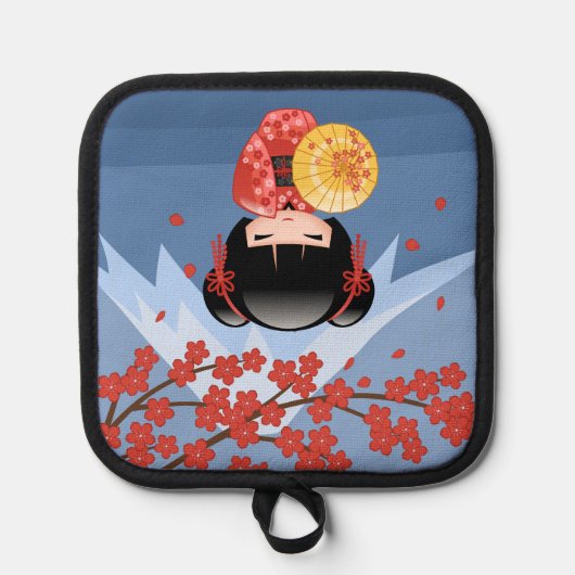 Red Sakura Kokeshi Doll - Niedlich Geisha Girl Topflappen (Vorderseite)