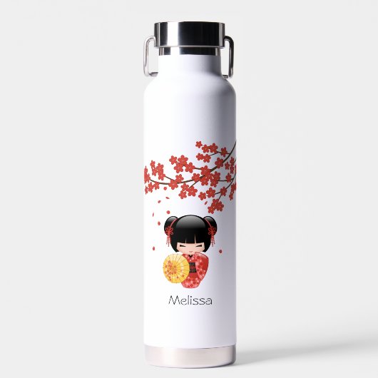 Red Sakura Kokeshi Doll - Niedlich Japanisch Geish Trinkflasche (Vorne)