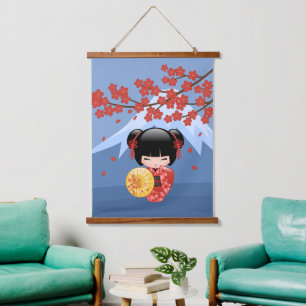 Red Sakura Kokeshi Doll - Niedlich Japanisch Geish Wandteppich Mit Holzrahmen