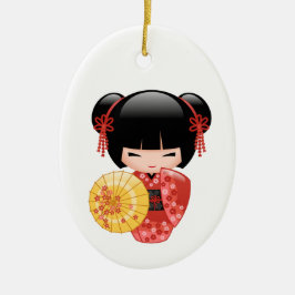 Red Sakura Kokeshi Doll - Niedliche Geisha auf Wei Keramik Ornament