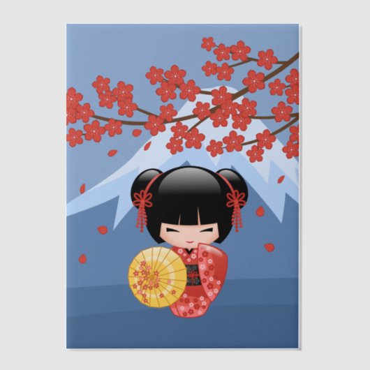 Red Sakura Kokeshi Niedlich Geisha Girl Blue Inser Pergament Einladungen (Vorderseite)