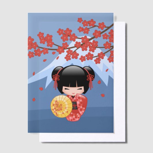 Red Sakura Kokeshi Niedlich Geisha Girl Blue Inser Pergament Einladungen (Versetzt)