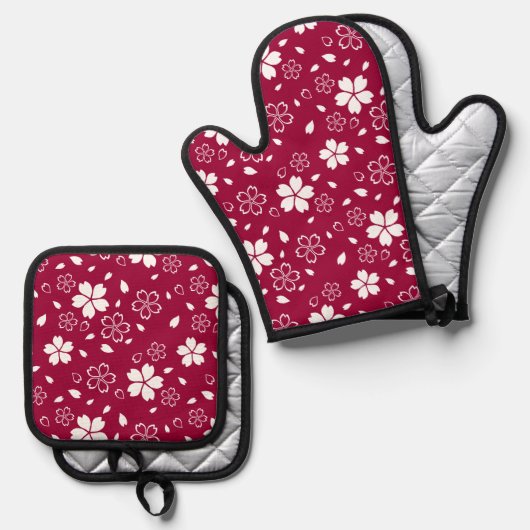 Red Sakura Pattern Ofenhandschuh & Topflappen-Set (Vorderseite/Rückseite)