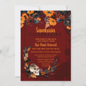 Red Samhain Floral Skull Halloween-Party Einladung (Vorderseite)