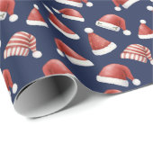 Red Santa Hat Pattern Christmas Navy Blue Geschenkpapier (Rolleneckpunkt)