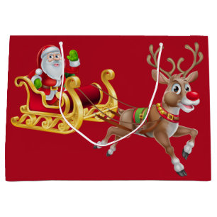 Red Santa Reindeer auf Sleigh Frohe Weihnachten Große Geschenktüte