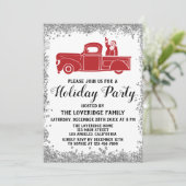 Red Santa Truck Weihnachtsfeier Silber Einladung (Stehend Vorderseite)