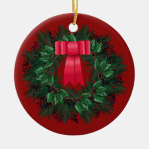 Red Satin Bow Berries Wreath Keramik Ornament