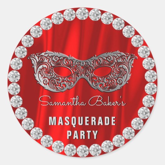 Red Satin Diamonds Masquerade Party Glam Birthday Runder Aufkleber (Vorderseite)