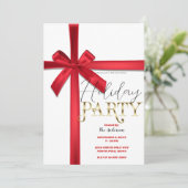 Red Satin Ribbon Bow Weihnachtsfeier Einladung (Stehend Vorderseite)
