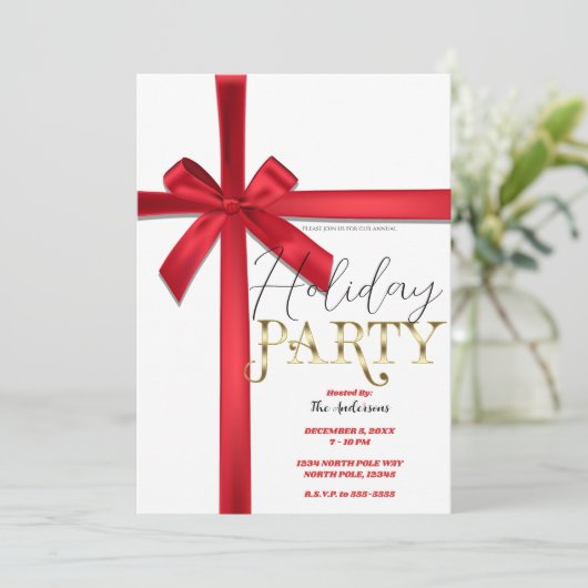 Red Satin Ribbon Bow Weihnachtsfeier Einladung (Stehend Vorderseite)