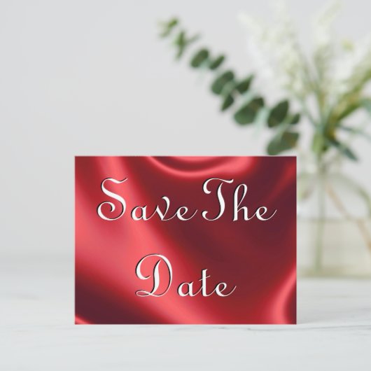 Red Satin Save the Date Postkarten (Stehend Vorderseite)