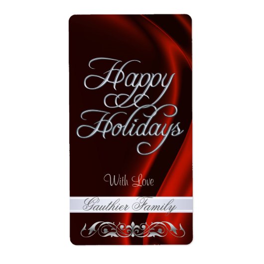 Red Satin Silver Scroll Happy Holidays Weinlabel (Vorne)