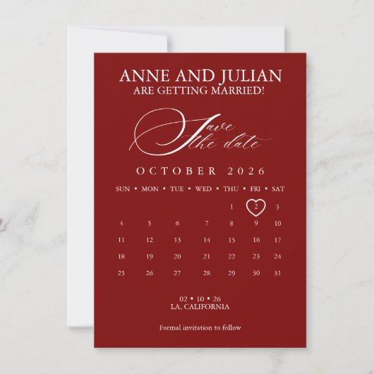 Red Save the date card calendar & photo (Vorderseite)
