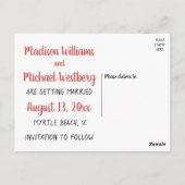 Red Save the Date Wedding Cartoon Bride Groom Postkarte (Rückseite)