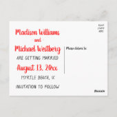 Red Save the Date Wedding Cartoon Bride Groom Postkarte (Rückseite)