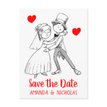 Red Save the Date Wedding Cartoon Bride Groom