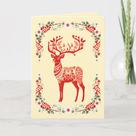 Red Scandinavian Reindeer Floral Christmas Feiertagskarte