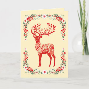 Red Scandinavian Reindeer Floral Christmas Feiertagskarte