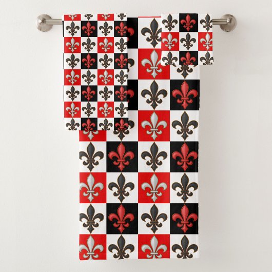 Red Schwarz-weiß Checkered Fleur-de-lis-Design Badhandtuch Set