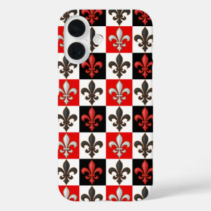 Red Schwarz-weiß Checkered Fleur-de-lis-Design iPhone 16 Hülle