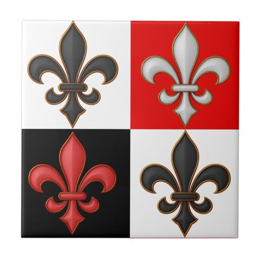 Red Schwarz-weiß Checkered Fleur-de-lis-Design Fliese (Vorderseite)