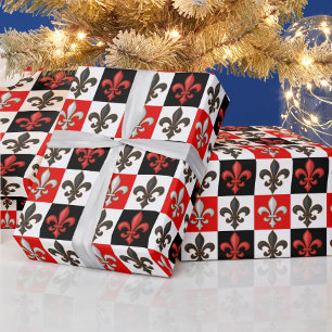 Red Schwarz-weiß Checkered Fleur-de-lis-Design Geschenkpapier